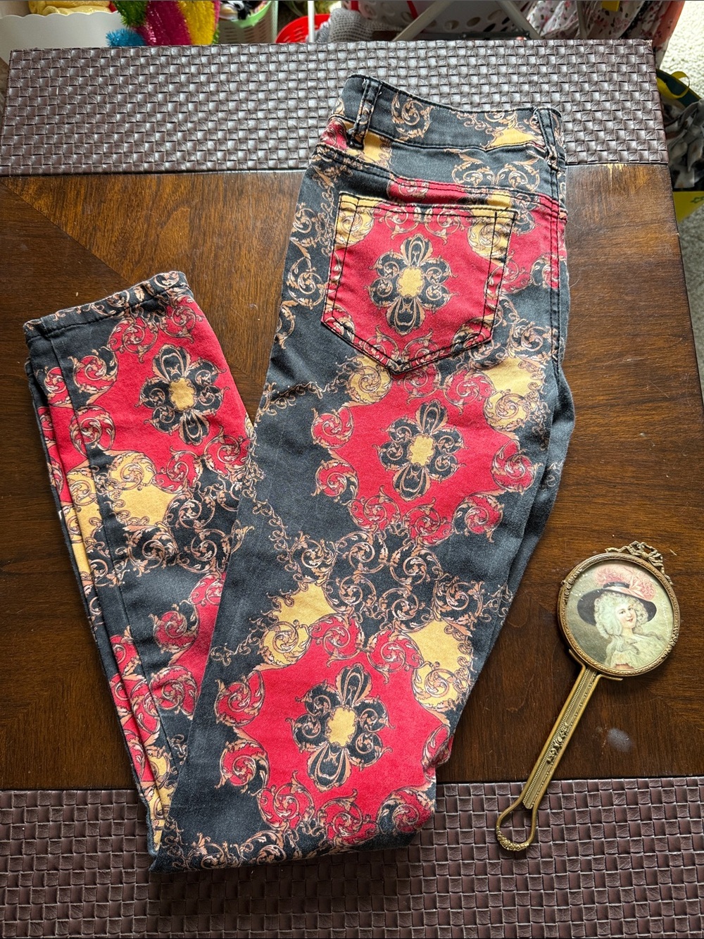 Xhilaration Red, Black & Gold Patterned Skinny Jeans